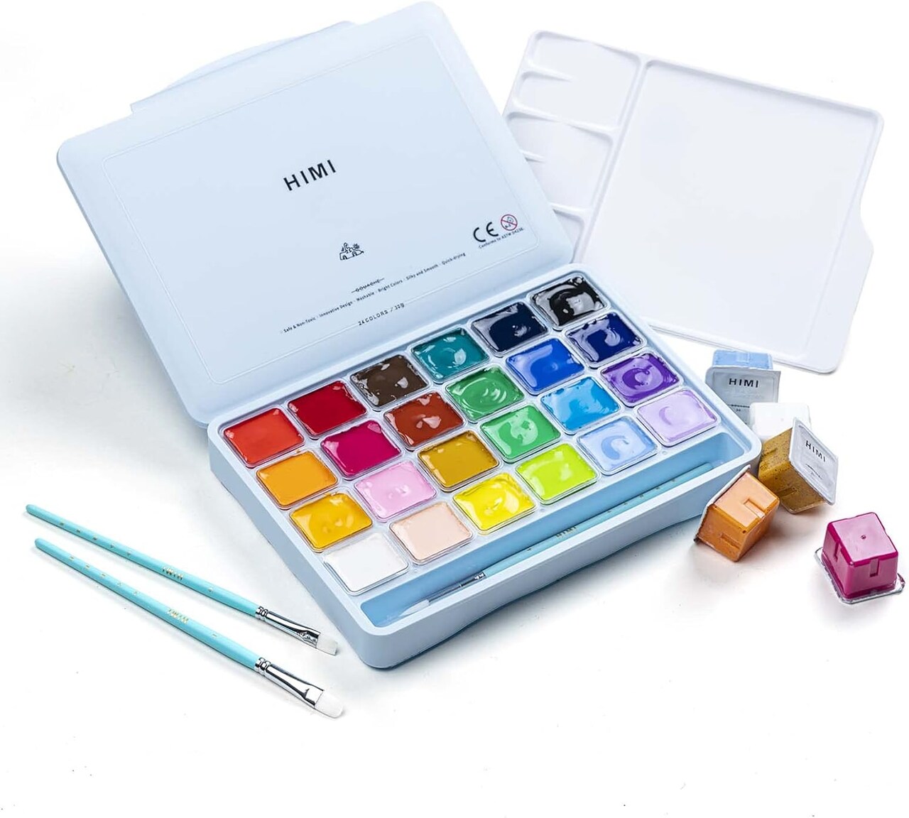 Gouache Paints set with 3 Paint Brushes, 24 Colors, 30g, Jelly Cup Design, Non Toxic Paint for Canvas and Paper, Art Supplies for Professionals (Ice Blue Case)